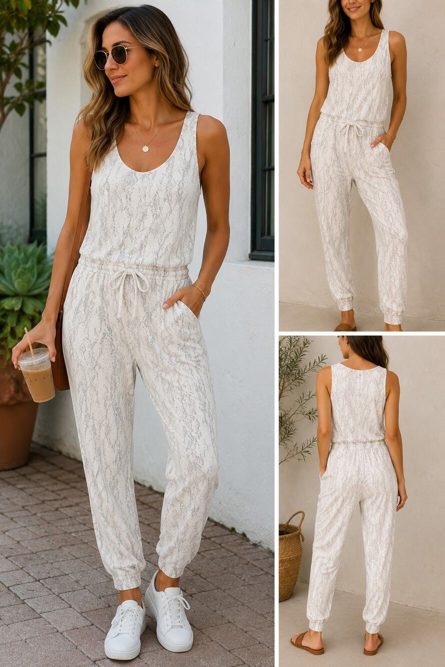 Daily Ritual Snakeskin Print Jogger Jumpsuit Sleeveless Tie Waist Women's Medium